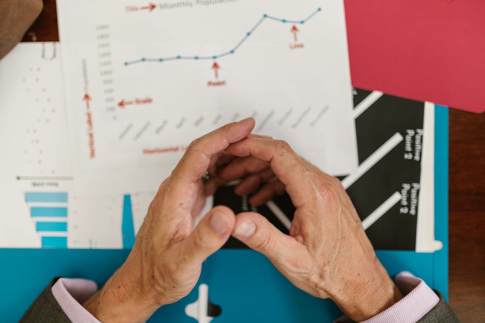 Hands examining financial graphs and charts on a wooden desk, indicative of business planning.